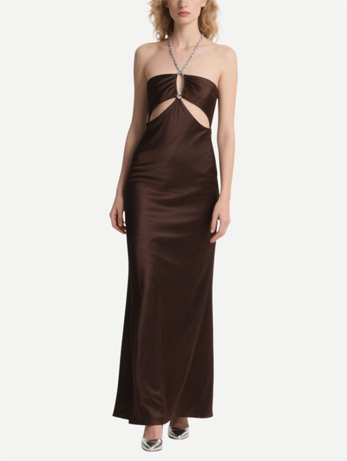 Brown Satin Halter Neck Dress Cut Out Maxi Dress