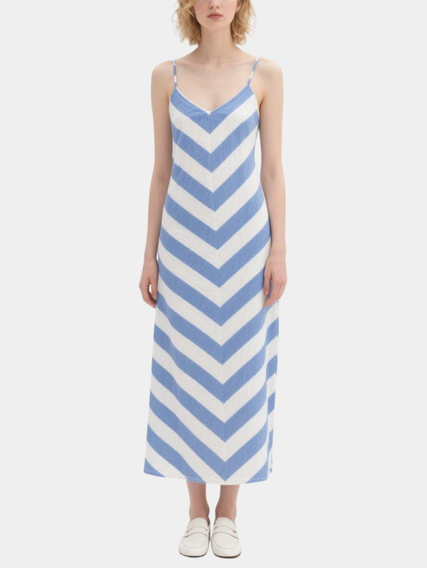 Blue and White Chevron Striped Maxi Dress Women's Beach Vacation Dress