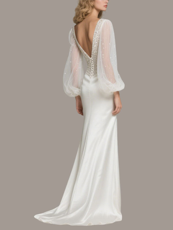 White Satin Embellished Gown Sheer Sleeve Wedding Dress