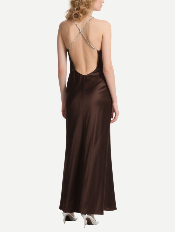 Brown Satin Halter Neck Dress Cut Out Maxi Dress