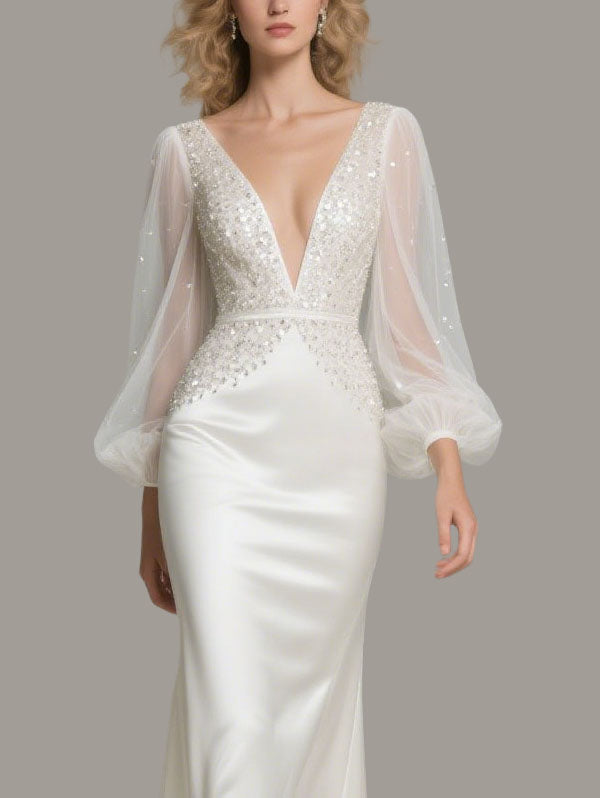 White Satin Embellished Gown Sheer Sleeve Wedding Dress