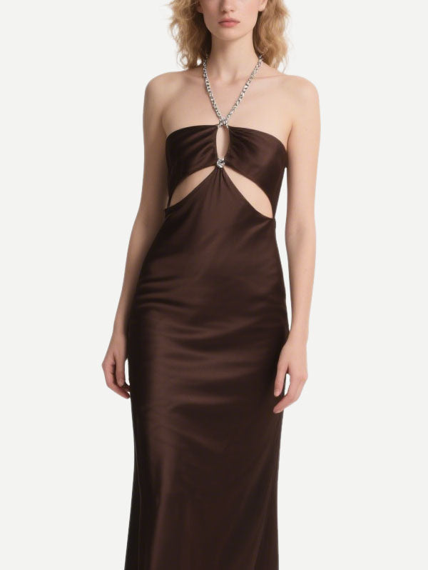Brown Satin Halter Neck Dress Cut Out Maxi Dress