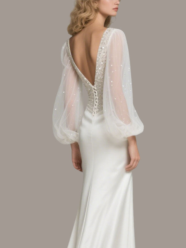 White Satin Embellished Gown Sheer Sleeve Wedding Dress