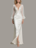 White Satin Embellished Gown Sheer Sleeve Wedding Dress