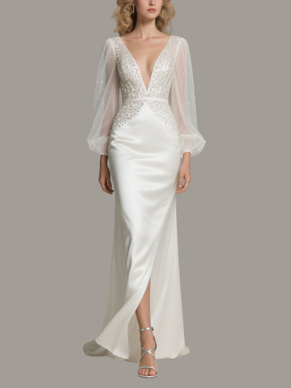 White Satin Embellished Gown Sheer Sleeve Wedding Dress
