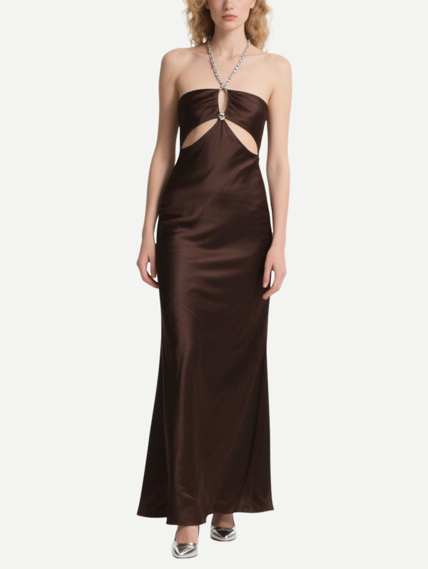 Brown Satin Halter Neck Dress Cut Out Maxi Dress