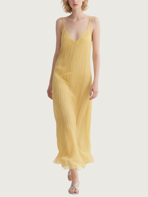 Yellow Pleated Slip Maxi Dress Women's Flowy Summer Evening Wear