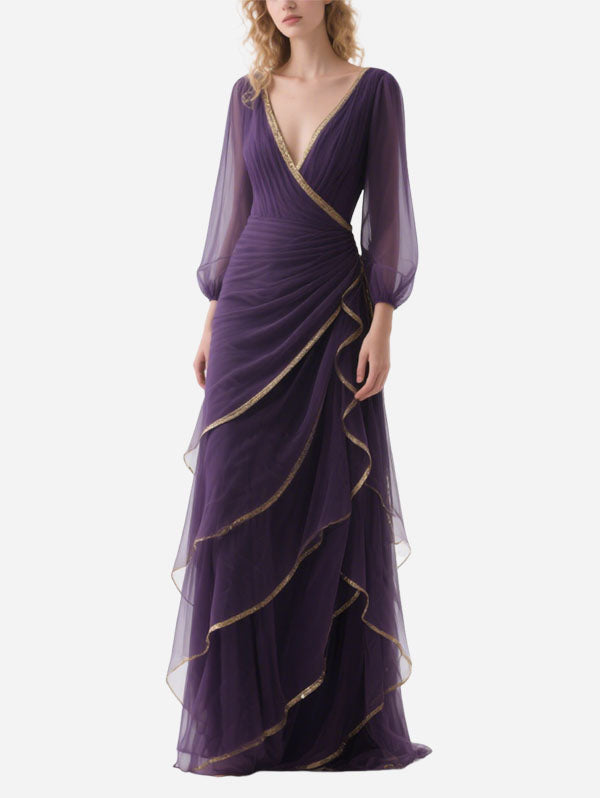 Purple Chiffon Ruffled Gown with Gold Trim Formal Evening Attire