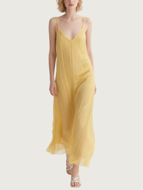 Yellow Pleated Slip Maxi Dress Women's Flowy Summer Evening Wear