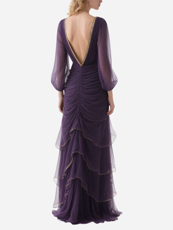 Purple Chiffon Ruffled Gown with Gold Trim Formal Evening Attire
