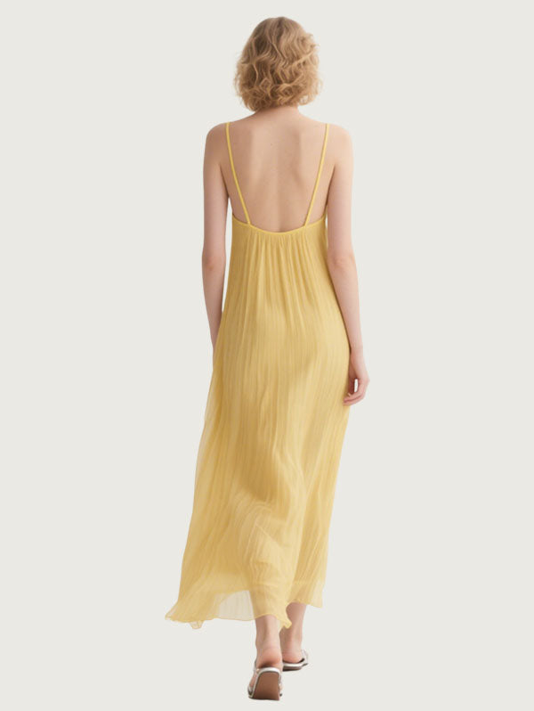 Yellow Pleated Slip Maxi Dress Women's Flowy Summer Evening Wear