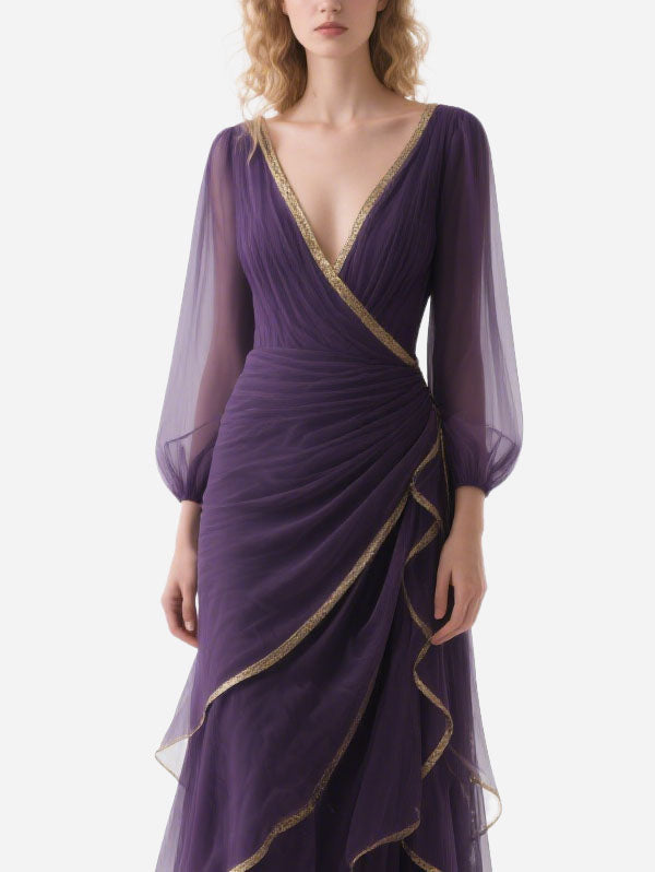Purple Chiffon Ruffled Gown with Gold Trim Formal Evening Attire