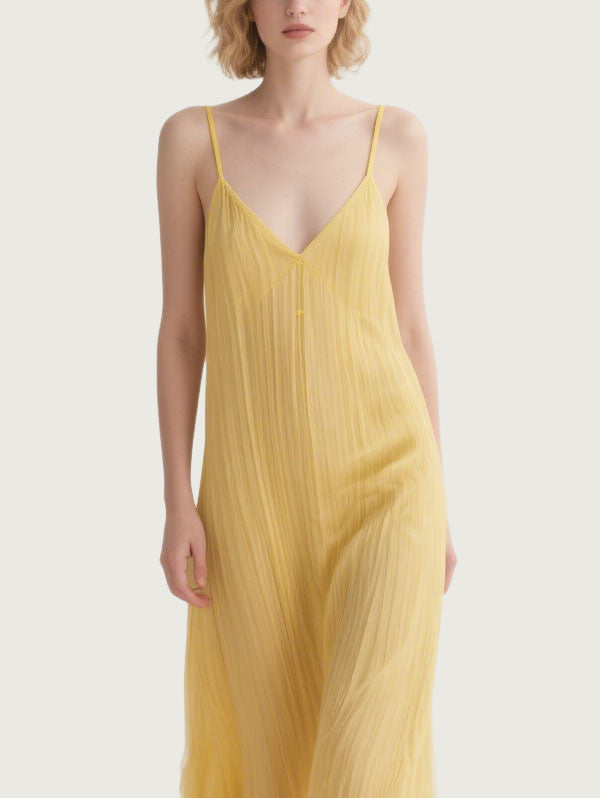 Yellow Pleated Slip Maxi Dress Women's Flowy Summer Evening Wear