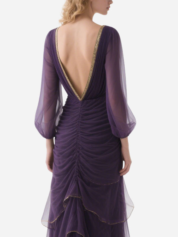 Purple Chiffon Ruffled Gown with Gold Trim Formal Evening Attire