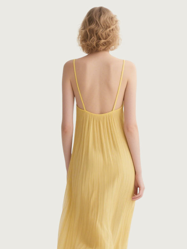 Yellow Pleated Slip Maxi Dress Women's Flowy Summer Evening Wear