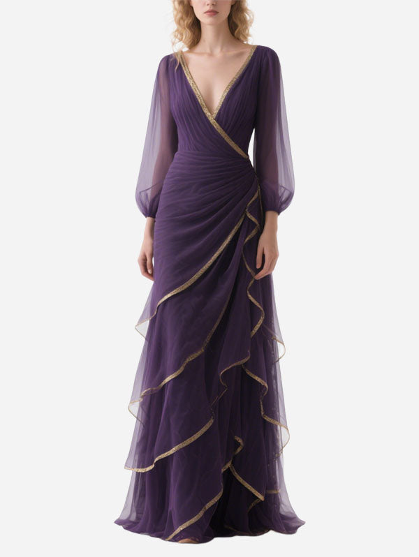 Purple Chiffon Ruffled Gown with Gold Trim Formal Evening Attire