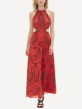 Red Halter Neck Cut Out Paisley Maxi Dress