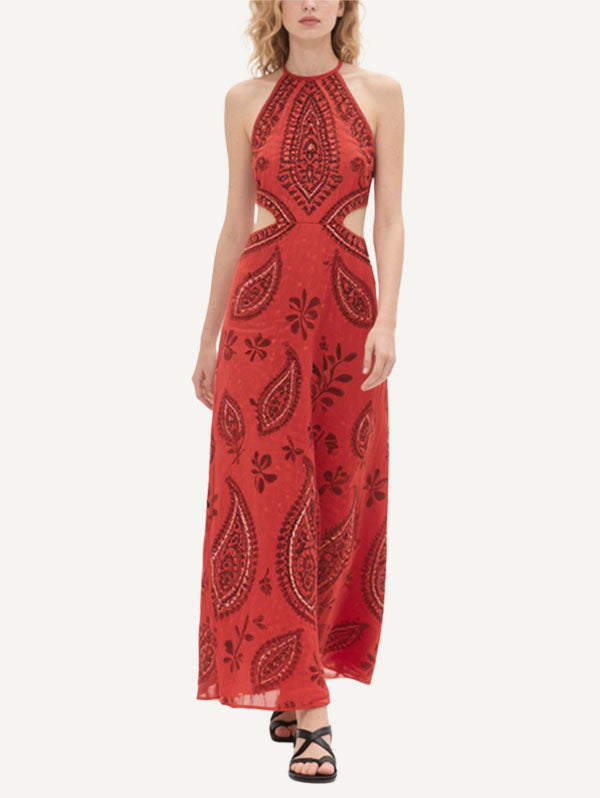 Red Halter Neck Cut Out Paisley Maxi Dress