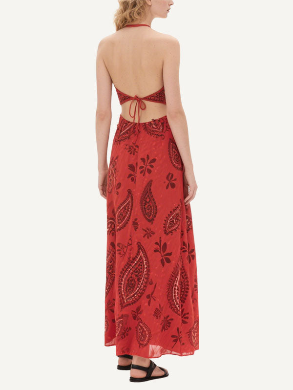 Red Halter Neck Cut Out Paisley Maxi Dress