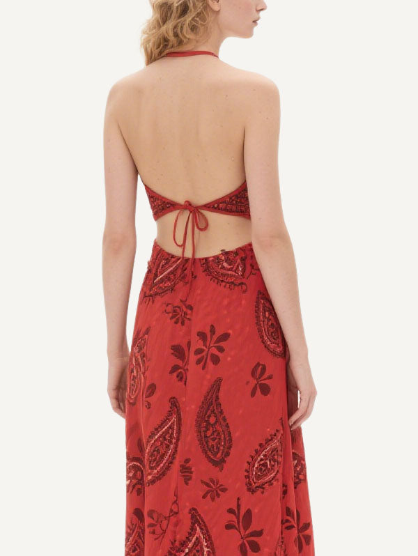 Red Halter Neck Cut Out Paisley Maxi Dress