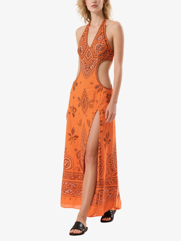 Orange Halter Neck Cut Out Paisley Maxi Dress with Slit