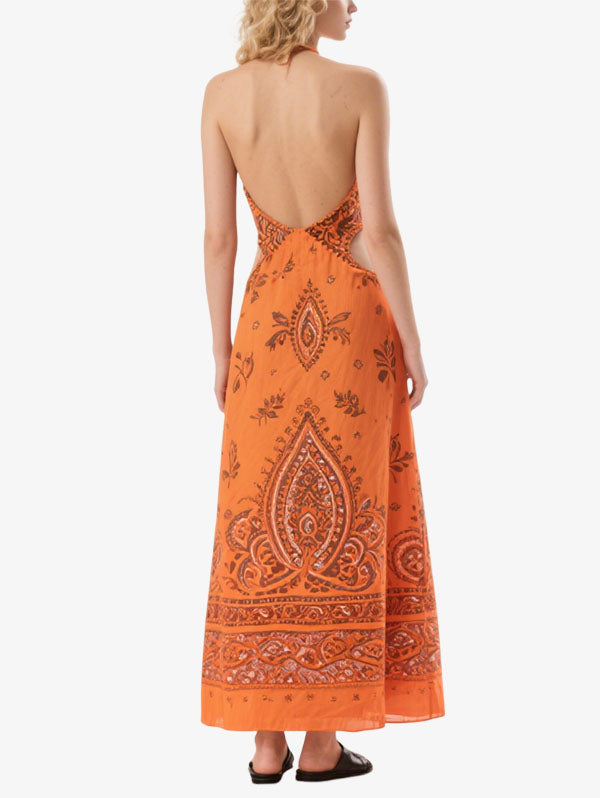 Orange Halter Neck Cut Out Paisley Maxi Dress with Slit