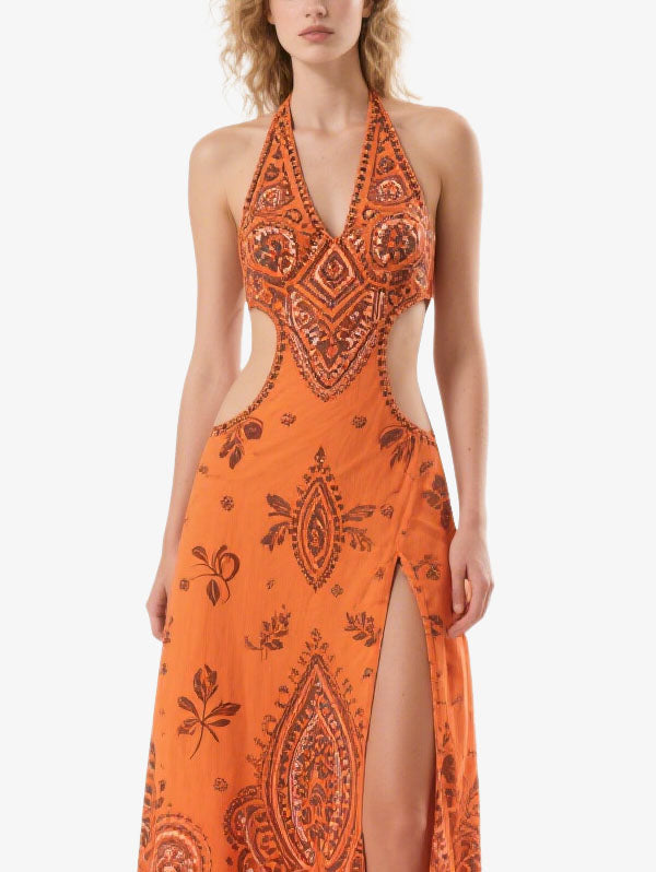Orange Halter Neck Cut Out Paisley Maxi Dress with Slit