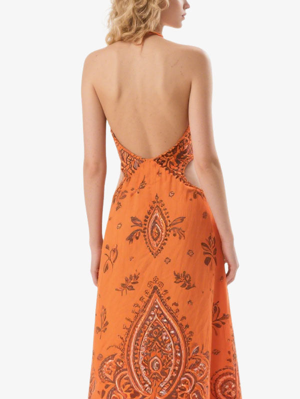 Orange Halter Neck Cut Out Paisley Maxi Dress with Slit