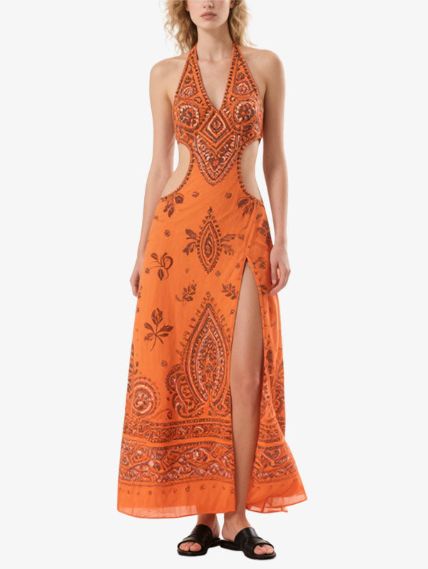 Orange Halter Neck Cut Out Paisley Maxi Dress with Slit