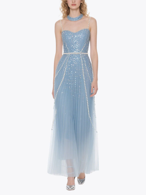 Light Blue Beaded Tulle Gown with Pearl Belt