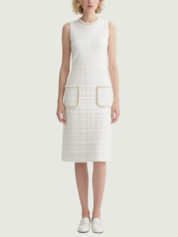 White Sleeveless Tweed Skirt Dress Women's Chic Office Attire
