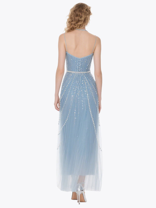 Light Blue Beaded Tulle Gown with Pearl Belt