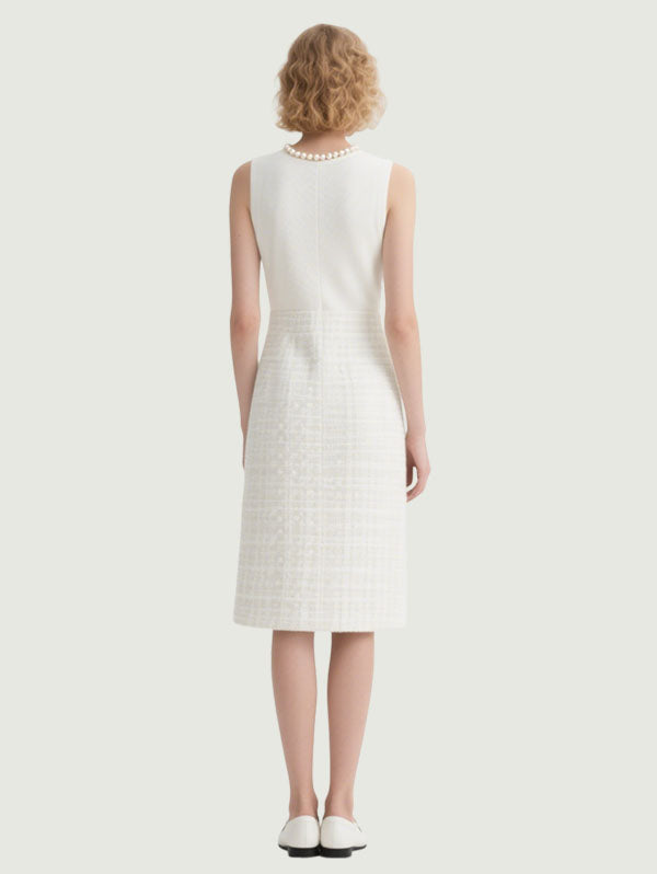 White Sleeveless Tweed Skirt Dress Women's Chic Office Attire