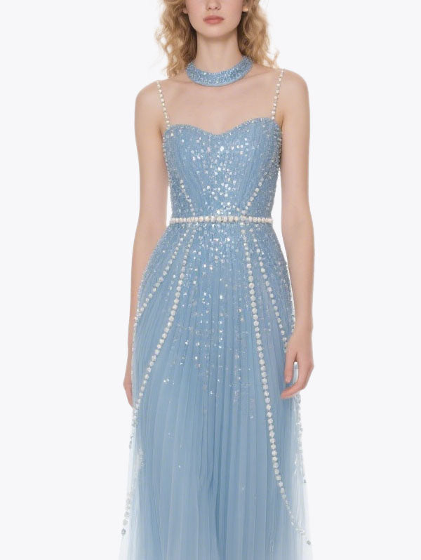 Light Blue Beaded Tulle Gown with Pearl Belt