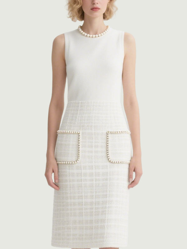 White Sleeveless Tweed Skirt Dress Women's Chic Office Attire
