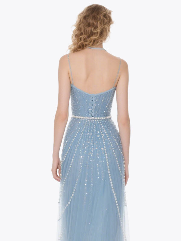 Light Blue Beaded Tulle Gown with Pearl Belt
