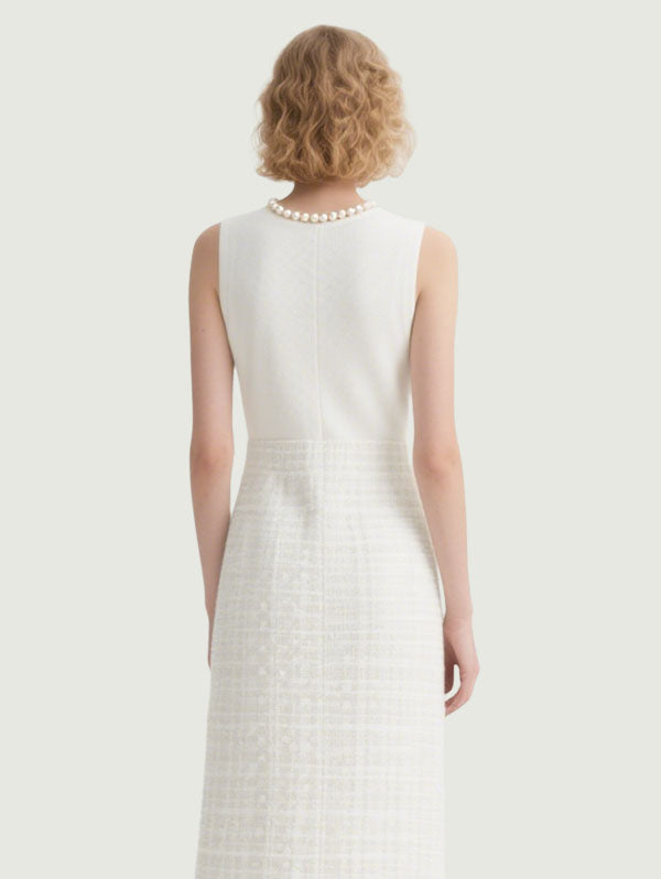 White Sleeveless Tweed Skirt Dress Women's Chic Office Attire