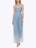 Light Blue Beaded Tulle Gown with Pearl Belt