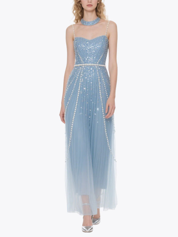 Light Blue Beaded Tulle Gown with Pearl Belt
