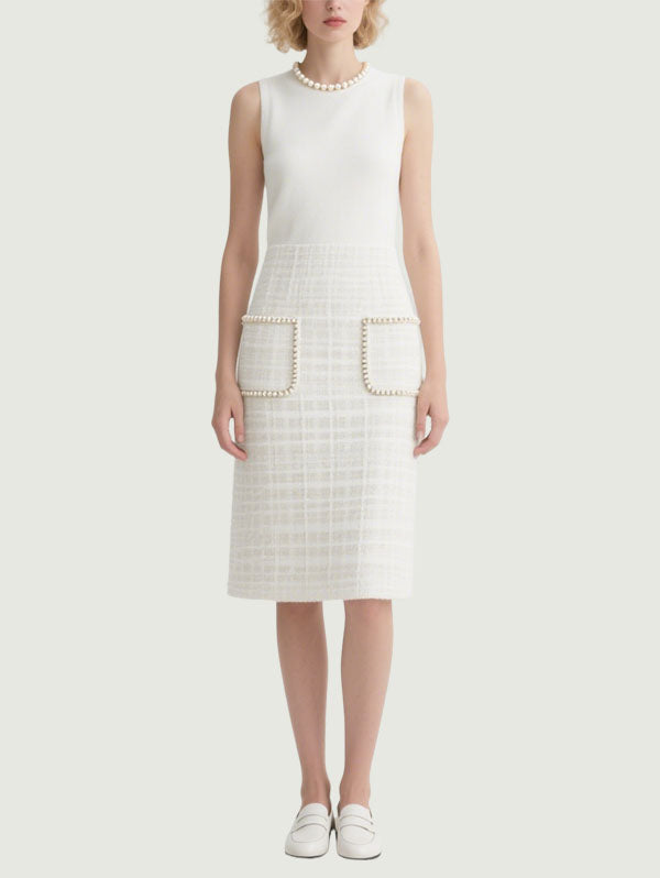 White Sleeveless Tweed Skirt Dress Women's Chic Office Attire
