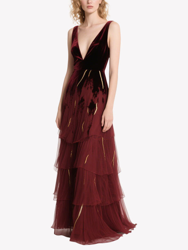 Burgundy Velvet Plunge Neck Tiered Gown