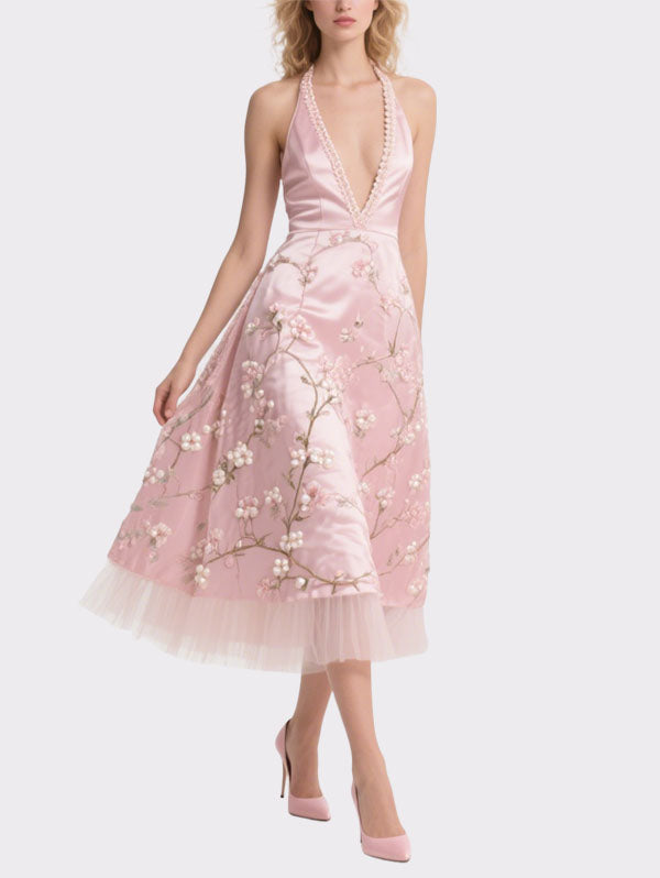 Pink Halter Neck Embroidered Tulle Midi Dress Women's Romantic Event Dress