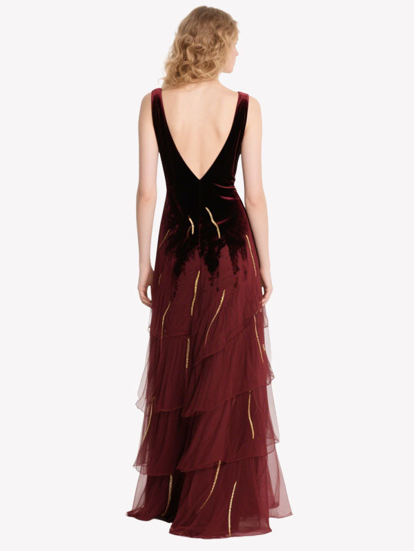 Burgundy Velvet Plunge Neck Tiered Gown