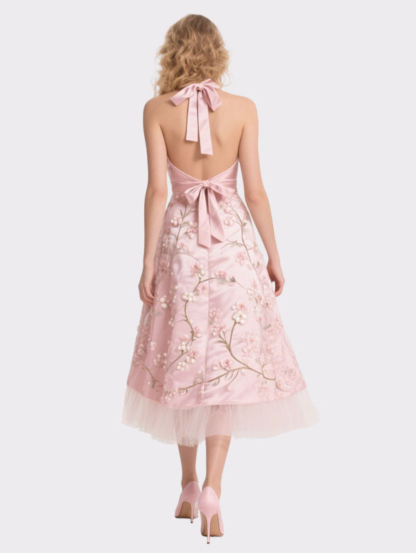Pink Halter Neck Embroidered Tulle Midi Dress Women's Romantic Event Dress