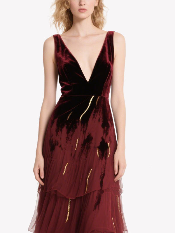Burgundy Velvet Plunge Neck Tiered Gown