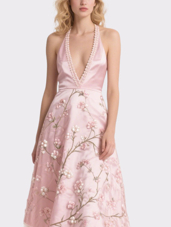 Pink Halter Neck Embroidered Tulle Midi Dress Women's Romantic Event Dress