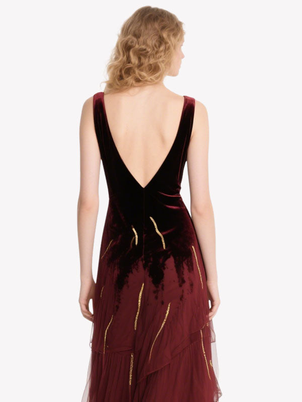 Burgundy Velvet Plunge Neck Tiered Gown
