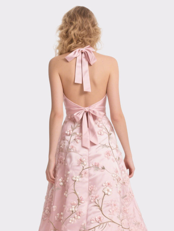 Pink Halter Neck Embroidered Tulle Midi Dress Women's Romantic Event Dress