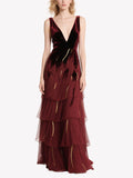 Burgundy Velvet Plunge Neck Tiered Gown