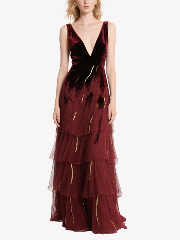 Burgundy Velvet Plunge Neck Tiered Gown